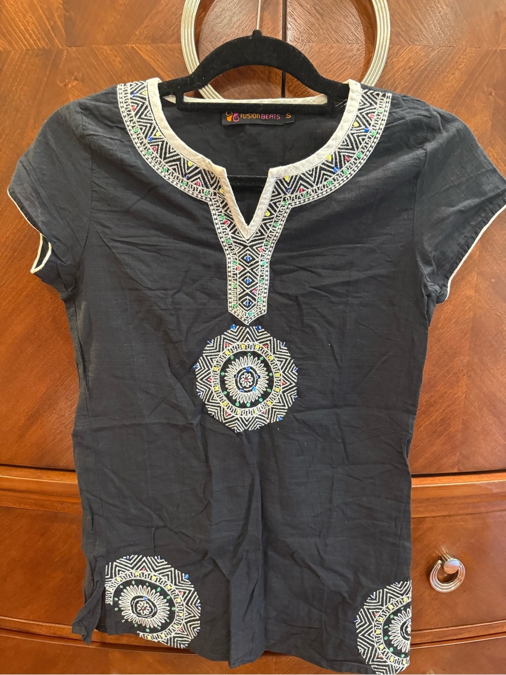 Black Embroidered Short-Sleeve Tunic Top